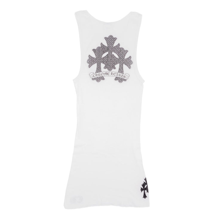 Back flat lay view of the white ribbed tank top, showcasing a large central black 'Cemetery Cross' compilation graphic running down the upper spine, accented by a tiny black cross printed at the lower right hem.