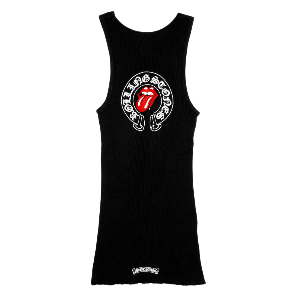 Back flat lay view of the black ribbed tank top, showcasing a large white Chrome Hearts horseshoe graphic framing a red Rolling Stones tongue logo centered on the upper back.