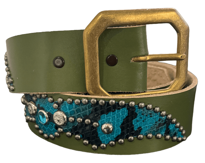 Studded 'Turqoise Snakeskin' Spider Gem Olive Belt