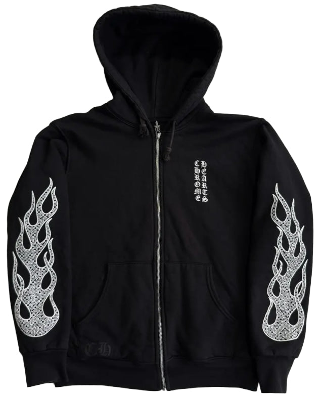 Chrome Hearts 'Cross Flame' Vertical Logo Black Zip Up Hoodie