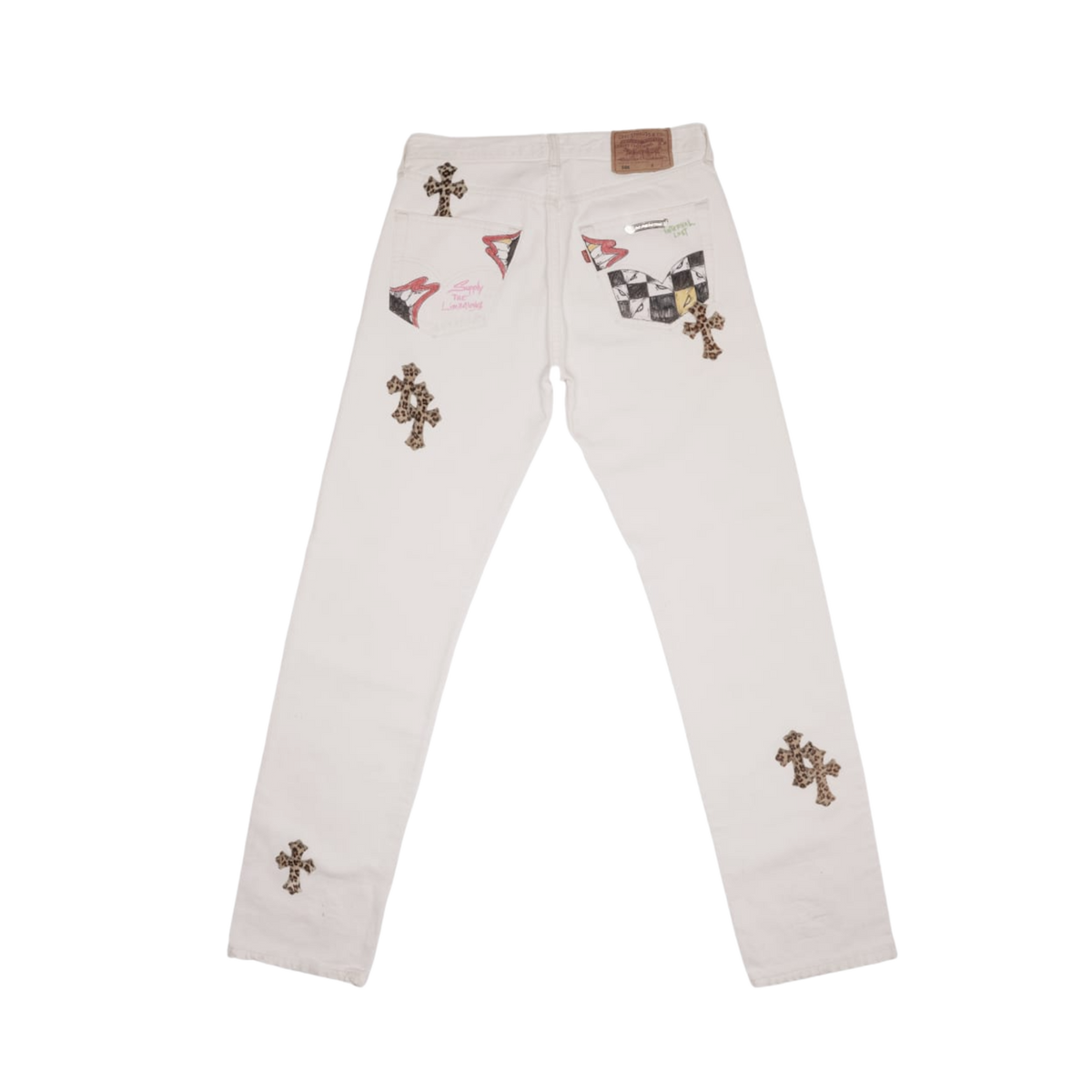 Chrome Hearts Matty Boy 'Sex Records Cheetah Patch' Levi 501 White Jeans