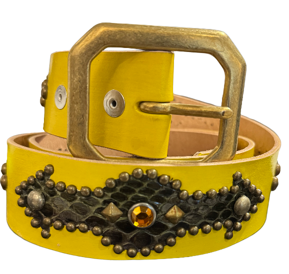 Studded 'Black Snakeskin Arrow Gem' Yellow Belt