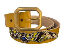 Studded 'Mulitcolor Yellow Snake Print' Spider Gem Tan Leather Belt