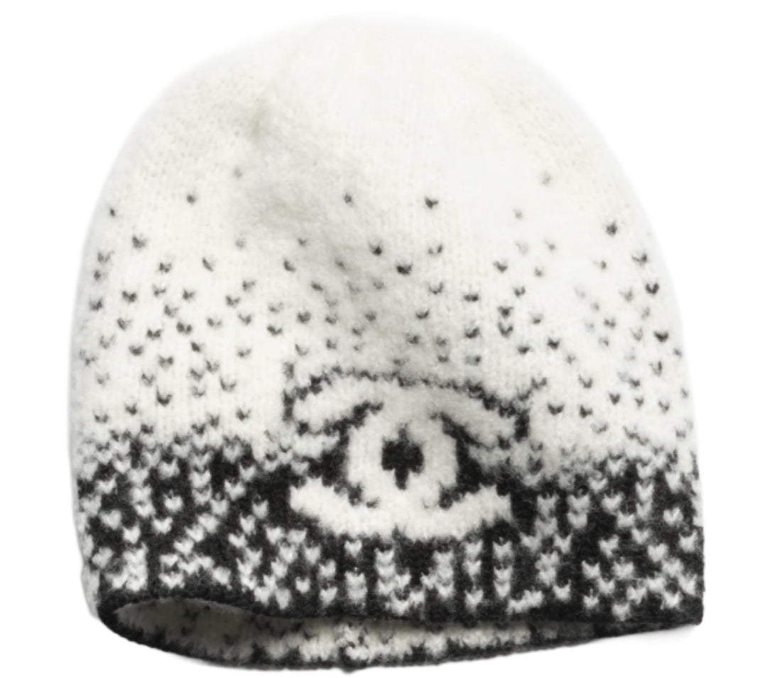 Chanel 'White & Black' Cashmere & Wool Beanie