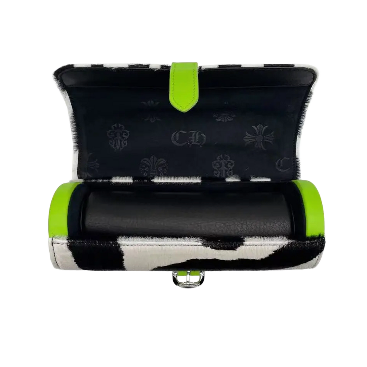 An elevated view looking down at the watch roll unrolled flat, showcasing a rich navy blue soft suede interior lining equipped with a matching plush navy blue suede watch cushion cylinder, framed beautifully by the exposed neon green zebra leather flap and a sterling silver accent brand plaque.