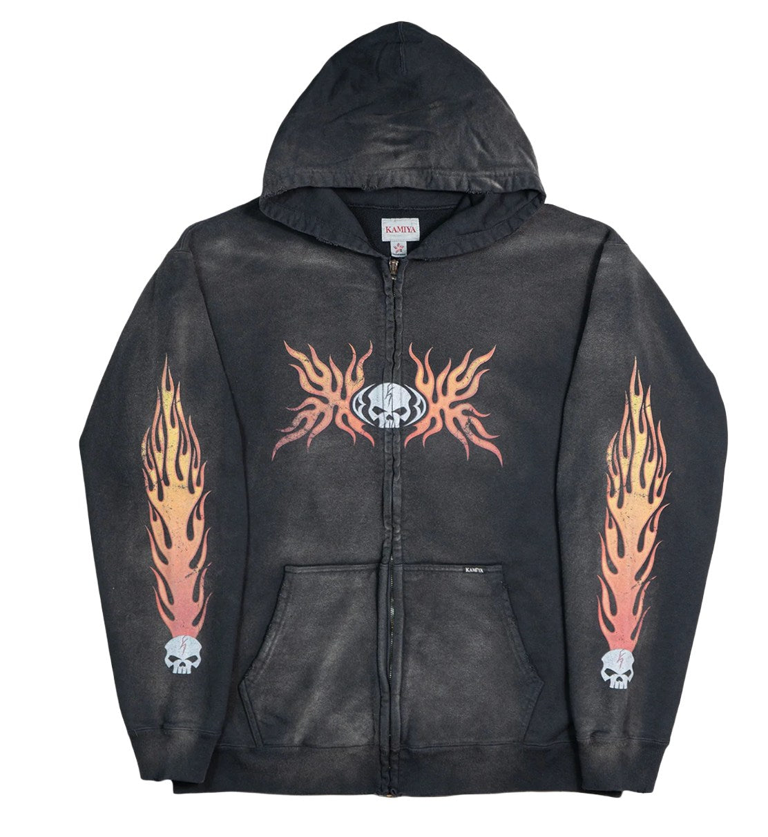 Kamiya 'Skull Flame' Washed Black Zip Up
