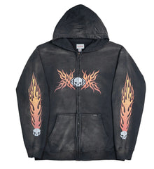 Kamiya 'Skull Flame' Washed Black Zip Up