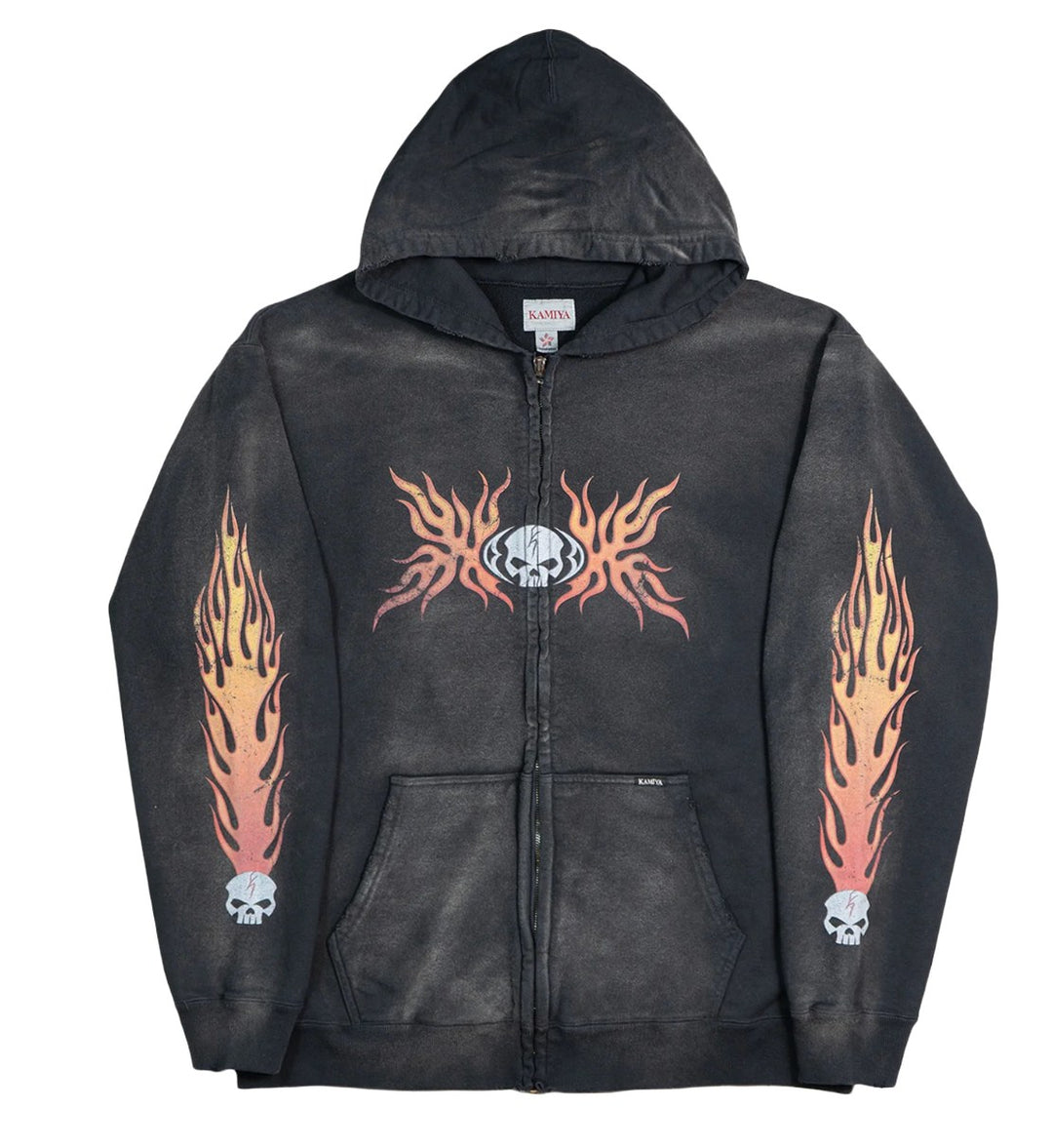 Kamiya 'Skull Flame' Washed Black Zip Up