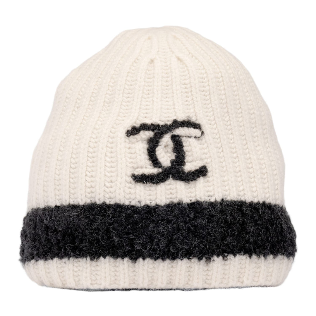 Chanel 'Black Stripe' Ecru CC Cashmere Beanie
