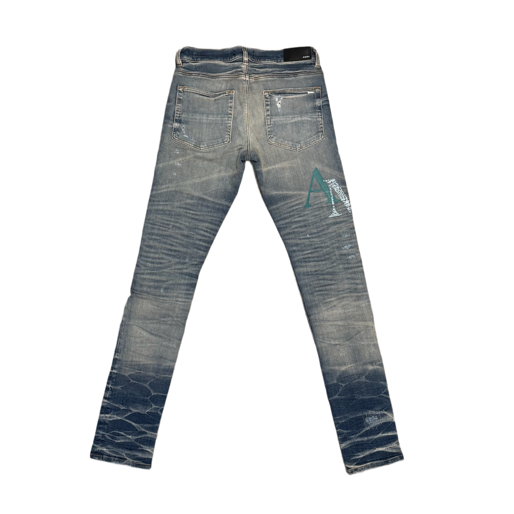 Amiri 'Vintage Indigo Multicolor Leather Staggered Logo' Jeans