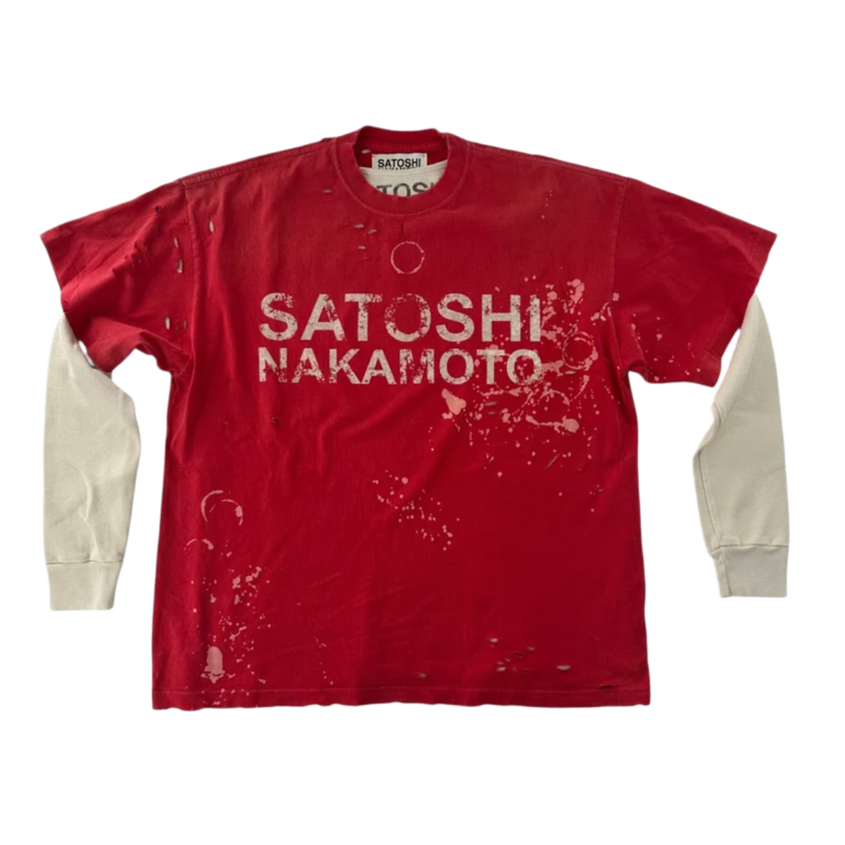 Front flat lay view of the Satoshi Nakamoto 'Luke' long-sleeve top, showcasing a unique double-layer design featuring a distressed short-sleeve red graphic t-shirt layered over cream-colored waffle-knit thermal long sleeves, detailed with bold white printed branding reading 'SATOSHI NAKAMOTO' across the chest, heavy contrast white stitching, and a vintage-washed bleached paint pattern along the lower torso.