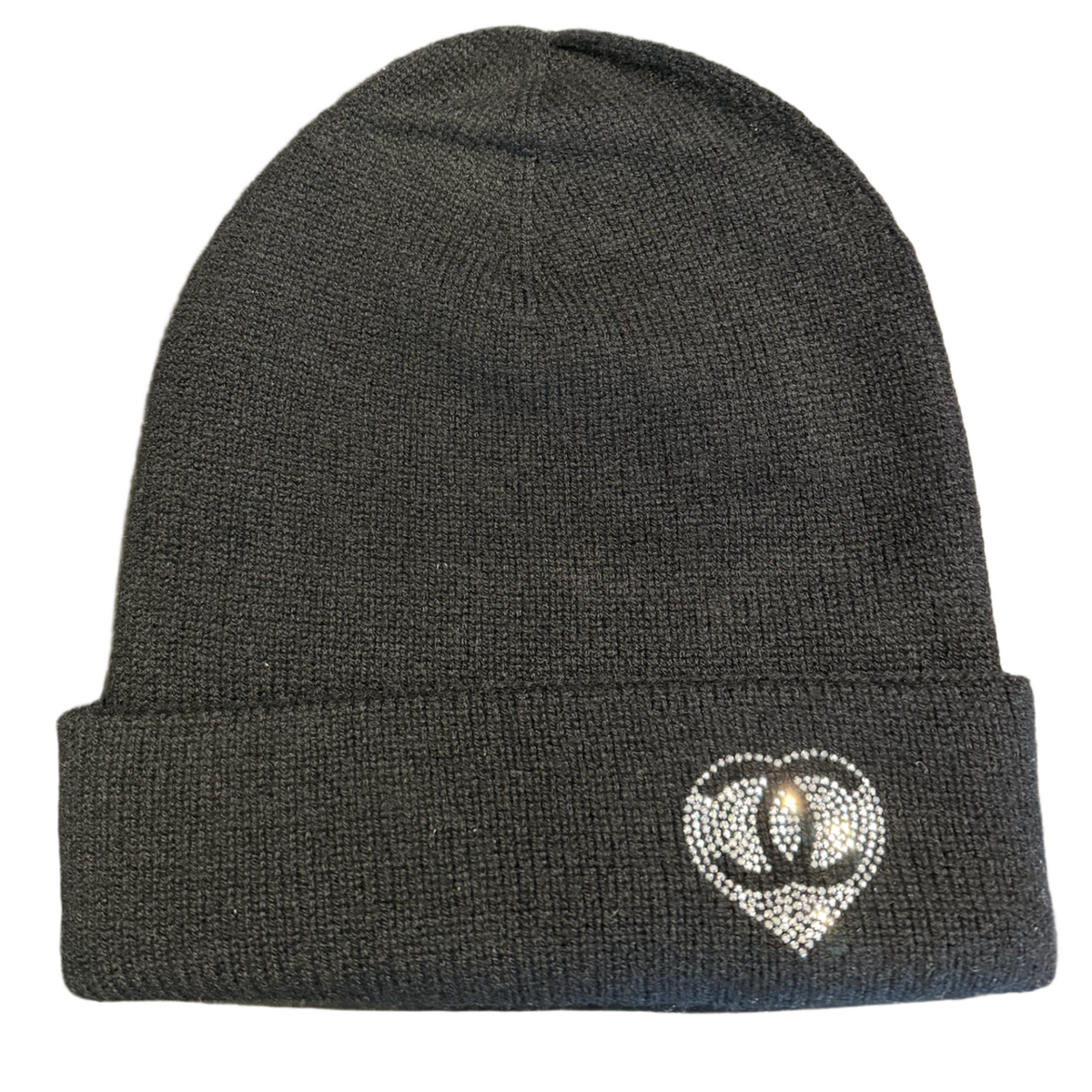 Chanel 'CC Heart' Crystal Embellished Cashmere Black Beanie