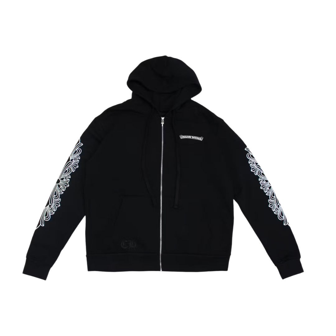 Front flat lay view of the Chrome Hearts zip-up hoodie in a premium heavyweight jet-black cotton fleece, showcasing a relaxed boxy streetwear silhouette, a structured drawstringless hood, a full-length center zipper track, split front kangaroo pouch pockets, a small white minimalist signature brand monogram printed cleanly on the left chest, and a detailed repeating pattern of white gothic floral cross graphics running down both long sleeves.
