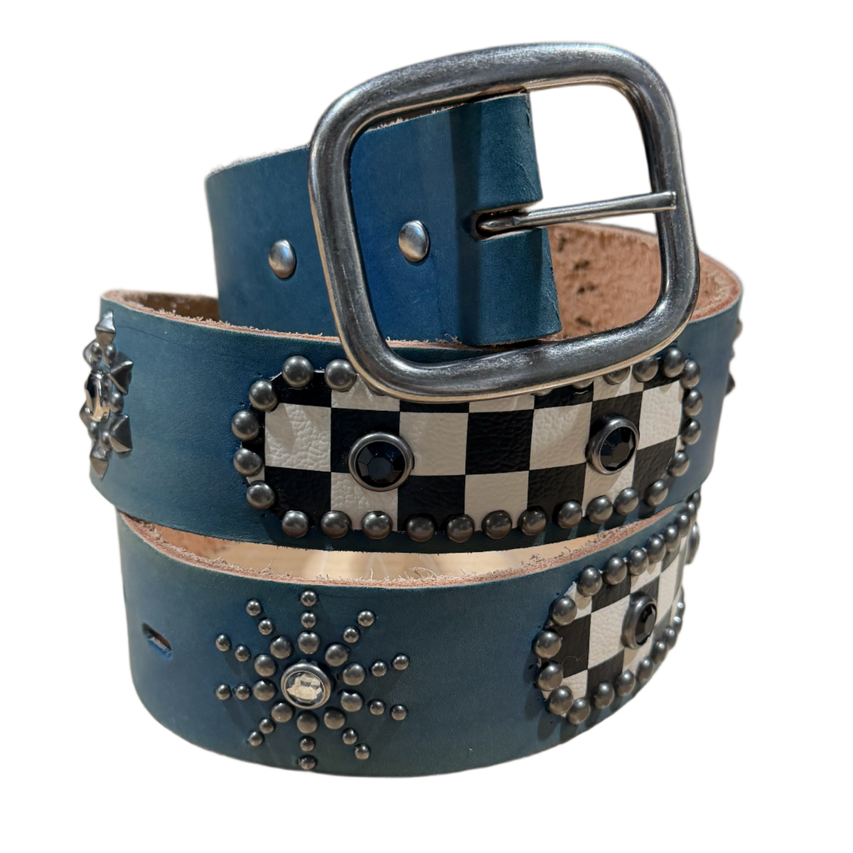 Studded 'Checkerboard' Washed Blue Belt