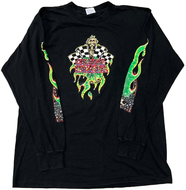 Grave Digger 'Green Flames' Rhinestone Vintage Longsleeve