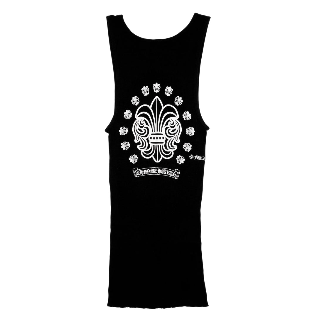 Back flat lay view of the black ribbed tank top, showcasing a large central white graphic compilation consisting of horseshoe motifs, floral crosses, gothic branding, and a fleur-de-lis layout centered on the spine.