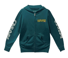 Front flat lay view of the Chrome Hearts x Matty Boy 'Antidote' zip-up hoodie in a premium heavyweight teal-green cotton fleece, showcasing a structured boxy streetwear silhouette, a high-neck drawstringless hood, a polished silver metal center zipper track, split front kangaroo pouch pockets, a yellow and black collaborative cartoon checkerboard motif printed on the left chest, and bold white gothic script reading 'CHROME' down the right sleeve and 'HEARTS' down the left sleeve in a heavy screen-print.