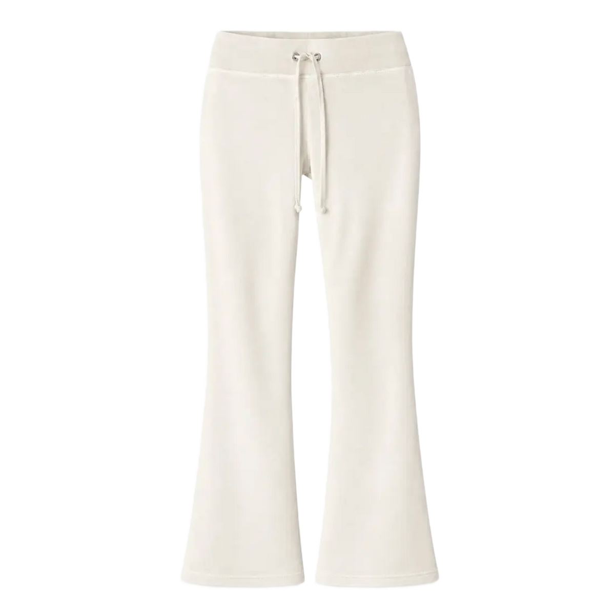 Front flat lay view of the Gold+Vintage Gallery Raspberry Hills women's sweatpants in a soft off-white plush velour fabric, featuring a comfortable gathered elastic waistband, a tonal drawstring closure, and a trendy flared-leg silhouette.