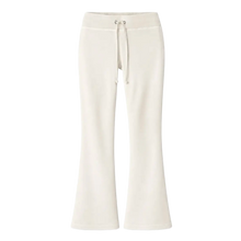 Front flat lay view of the Gold+Vintage Gallery Raspberry Hills women's sweatpants in a soft off-white plush velour fabric, featuring a comfortable gathered elastic waistband, a tonal drawstring closure, and a trendy flared-leg silhouette.