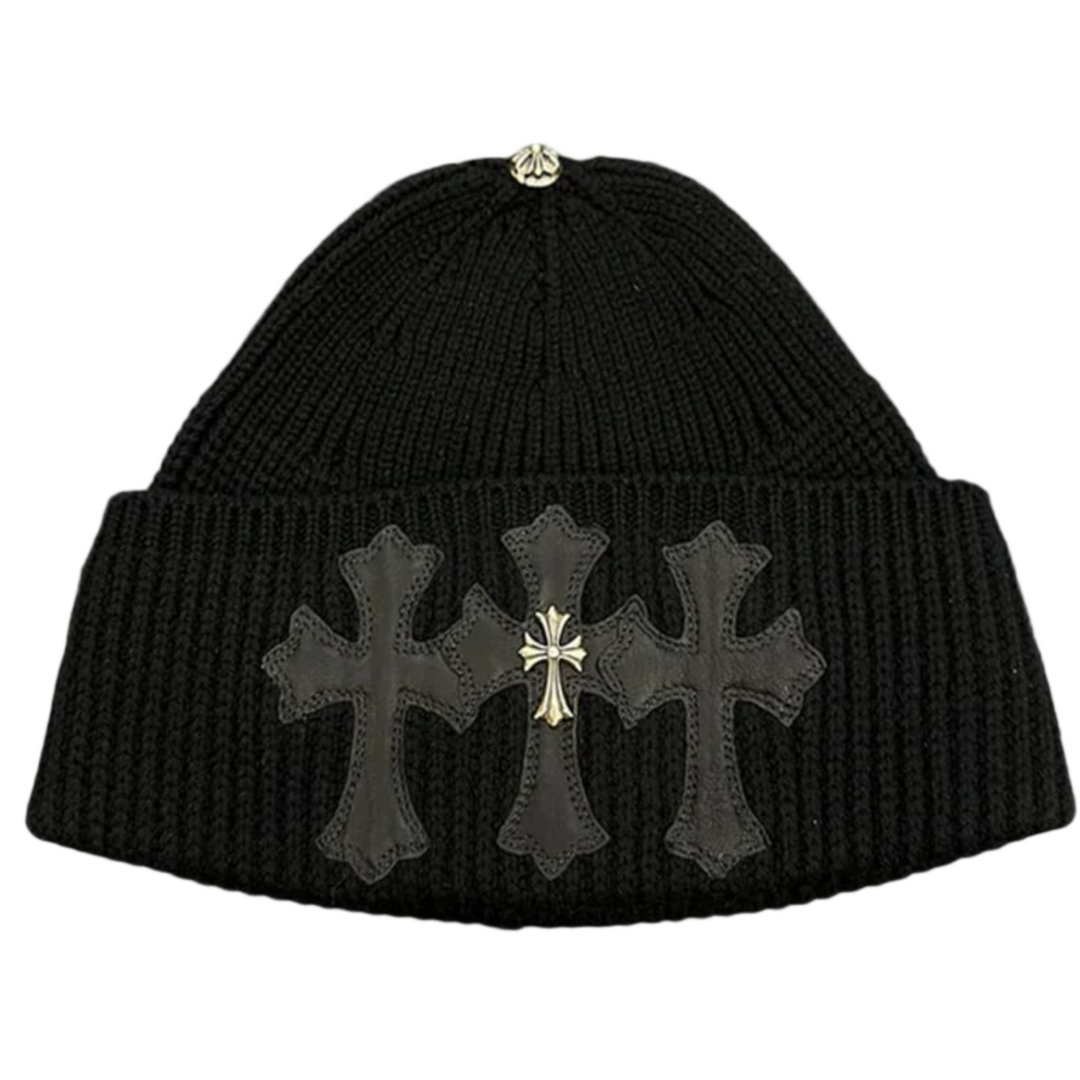 Chrome Hearts 'Leather Triple Cross Patch' with Silver Cross Cashmere Beanie