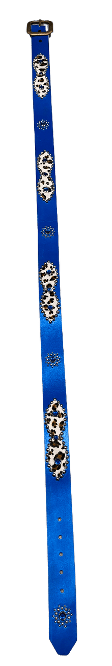 Studded 'White Leopard Fur Sun Gem' Blue Belt