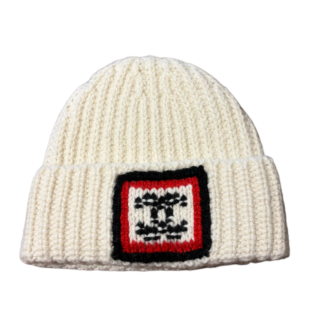 Chanel 'Red & White Logo' White Knit Cashmere Beanie