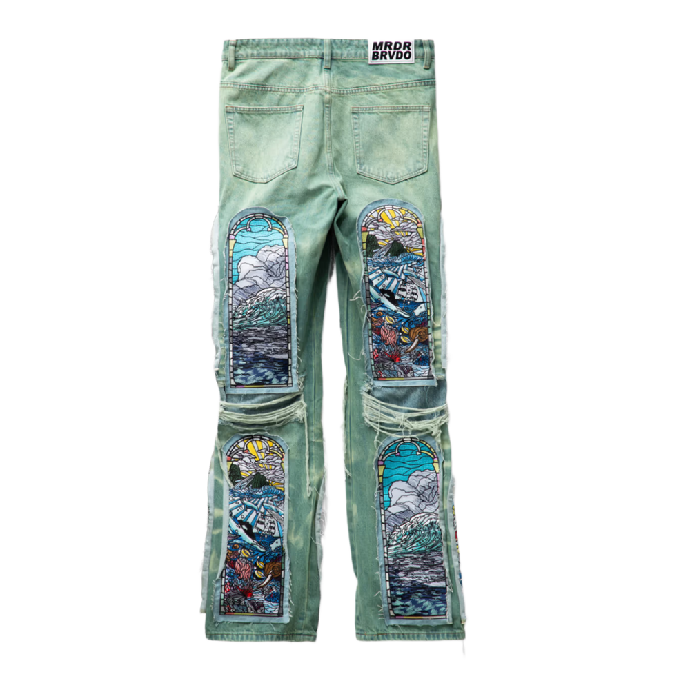 Who Decides War 'Blue Embrodiered Stained Glass Motif & Distressed Sandy Lane Fusion' Jeans