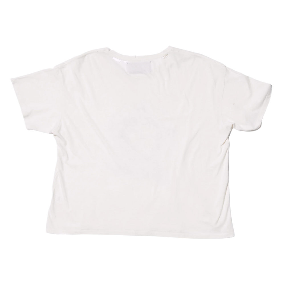 Back flat lay view of the white Paly graphic t-shirt, highlighting the premium mid-weight cotton fabric structure and subtle vintage-wash textures draping smoothly across a loose fit, featuring seamless upper shoulders and a clean, unadorned solid ivory reverse profile extending to a straight lower hemline.