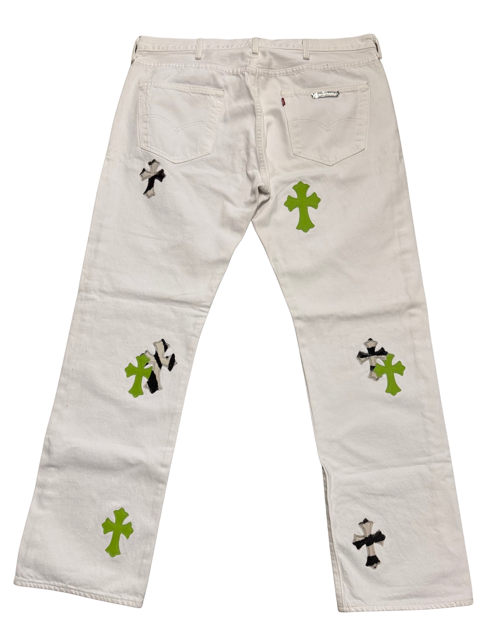 Chrome Hearts 'Zebra/Green' Cross Patch White Jeans