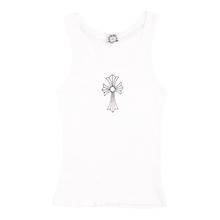Front flat lay view of a Chrome Hearts vintage women's scoop-neck tank top in white ribbed cotton, featuring a large, ornate sterling silver floral cross hardware pieces centered on the chest.