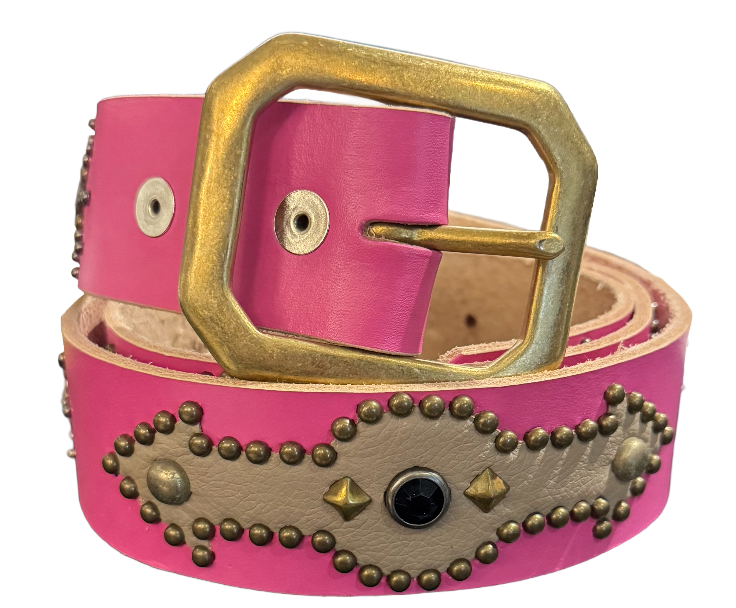 Studded 'Tan Leather Arrow Red Gem Sun' Pink Belt