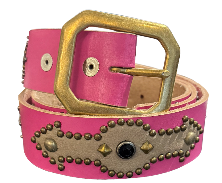 Studded 'Tan Leather Arrow Red Gem Sun' Pink Belt