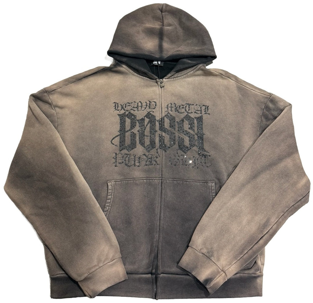 Bossi 'Black Heavy Metal' Washed Brown Rhinestone Zip-Up