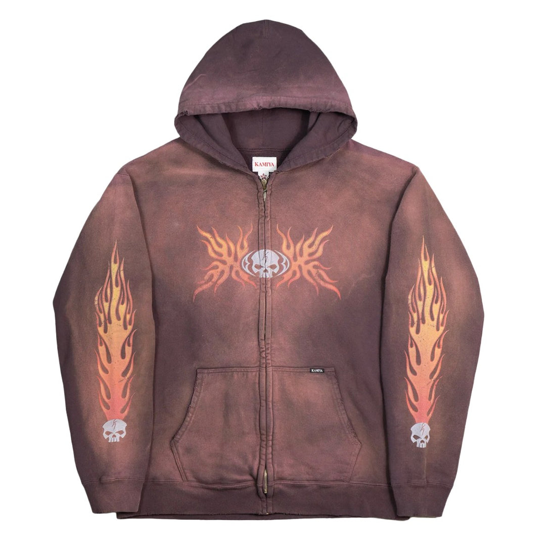 Kamiya 'Skull Flame' Brown Zip-Up
