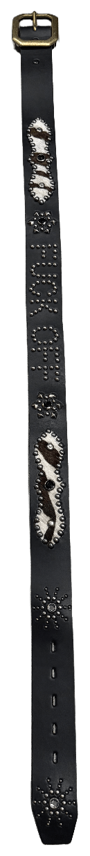 Studded Square Patch 'White/Brown Pony Hair' Fuck Off Sun Gem Black Leather Belt