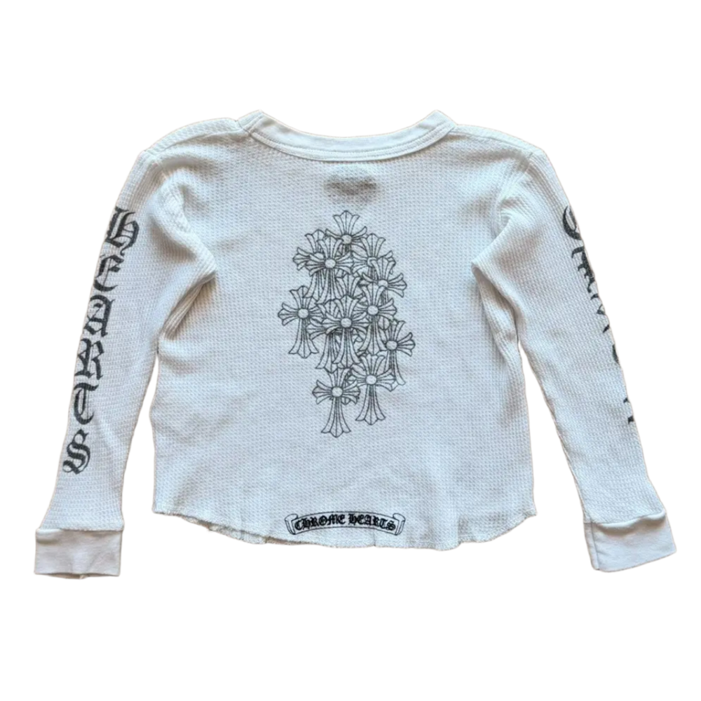 Back flat lay view of the kids Chrome Hearts thermal long-sleeve, highlighting the textured waffle-weave cotton drape across a small youth-sized fit, dominated by a large, central black graphic print screen-printed across the center back torso depicting a detailed gothic cemetery cross arrangement.