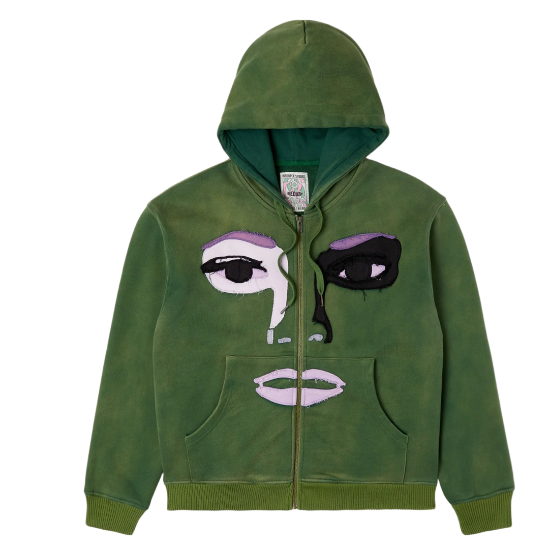 KidSuper Studios 'Green' Patchwork Face Washed Heavyweight Zip Hoodie