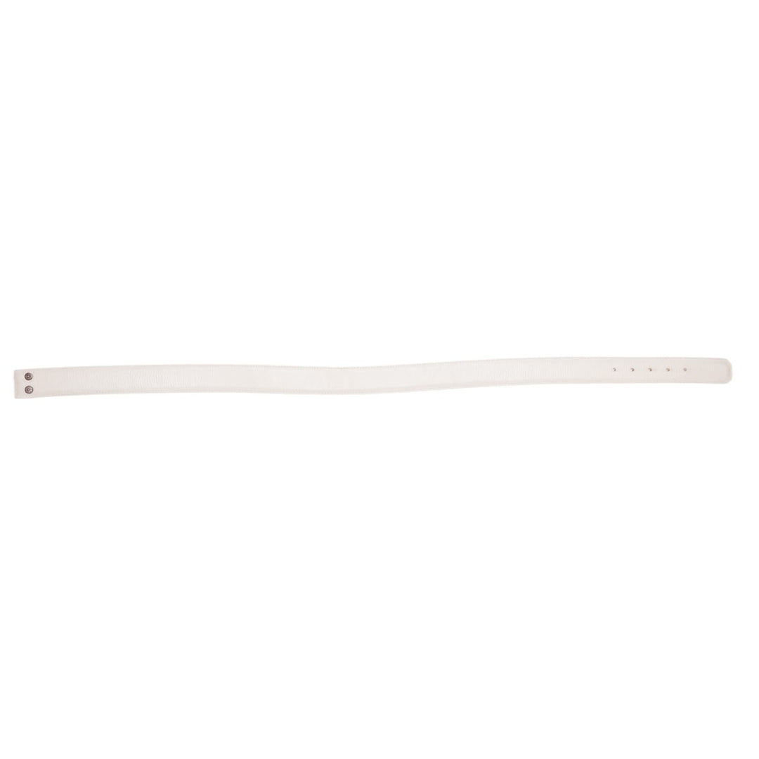 A straight full-length flat layout of the entire white Chrome Hearts leather belt strap stretching horizontally, displaying the pristine condition of the strap from tip to end.