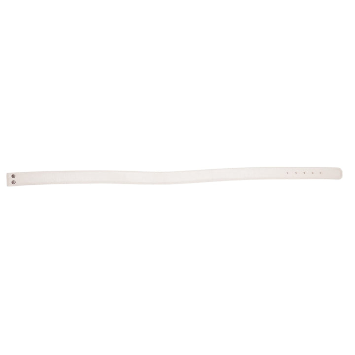 A straight full-length flat layout of the entire white Chrome Hearts leather belt strap stretching horizontally, displaying the pristine condition of the strap from tip to end.