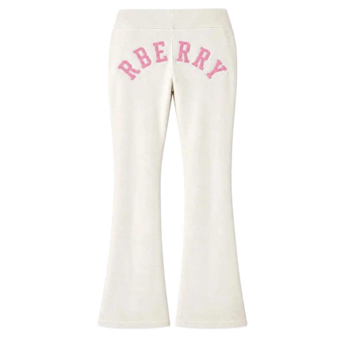 Back flat lay view of the off-white velour Raspberry Hills sweatpants, showcasing the flared lounge silhouette accented by bold pink block lettering reading 'RBERRY' arched prominently across the upper seat.