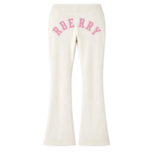 Back flat lay view of the off-white velour Raspberry Hills sweatpants, showcasing the flared lounge silhouette accented by bold pink block lettering reading 'RBERRY' arched prominently across the upper seat.
