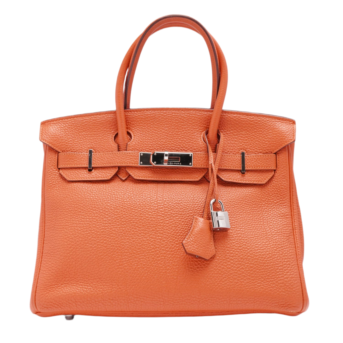Front view of the Hermès Birkin 30 handbag in iconic textured orange grained leather, featuring dual rolled leather top handles, a closed front flap, a leather clochette with keys, and a silver palladium turn-lock closure.