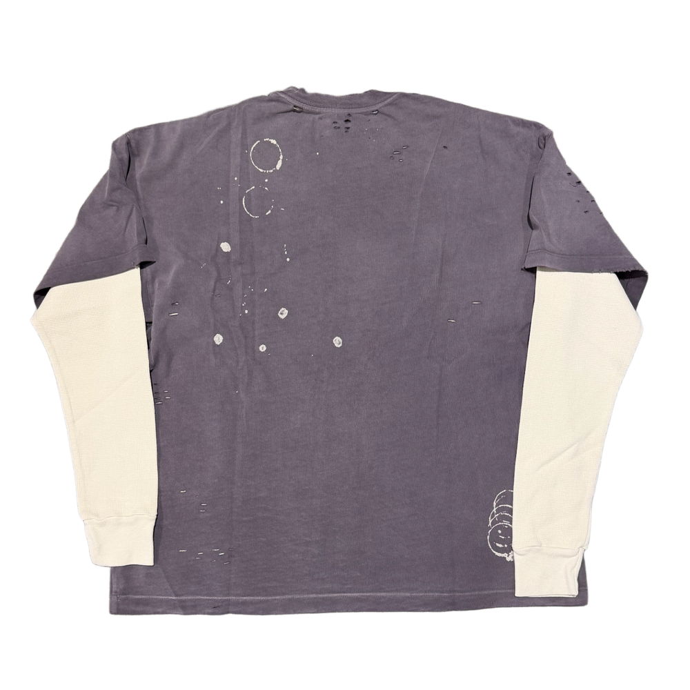 Back flat lay view of the Satoshi Nakamoto bleached purple layered thermal top, highlighting the retro streetwear drape across the unadorned solid purple tee back panel, contrasted by the cream-colored waffle thermal sleeves extending outward from under the short sleeves.