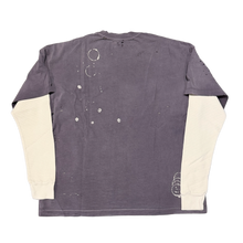 Back flat lay view of the Satoshi Nakamoto bleached purple layered thermal top, highlighting the retro streetwear drape across the unadorned solid purple tee back panel, contrasted by the cream-colored waffle thermal sleeves extending outward from under the short sleeves.