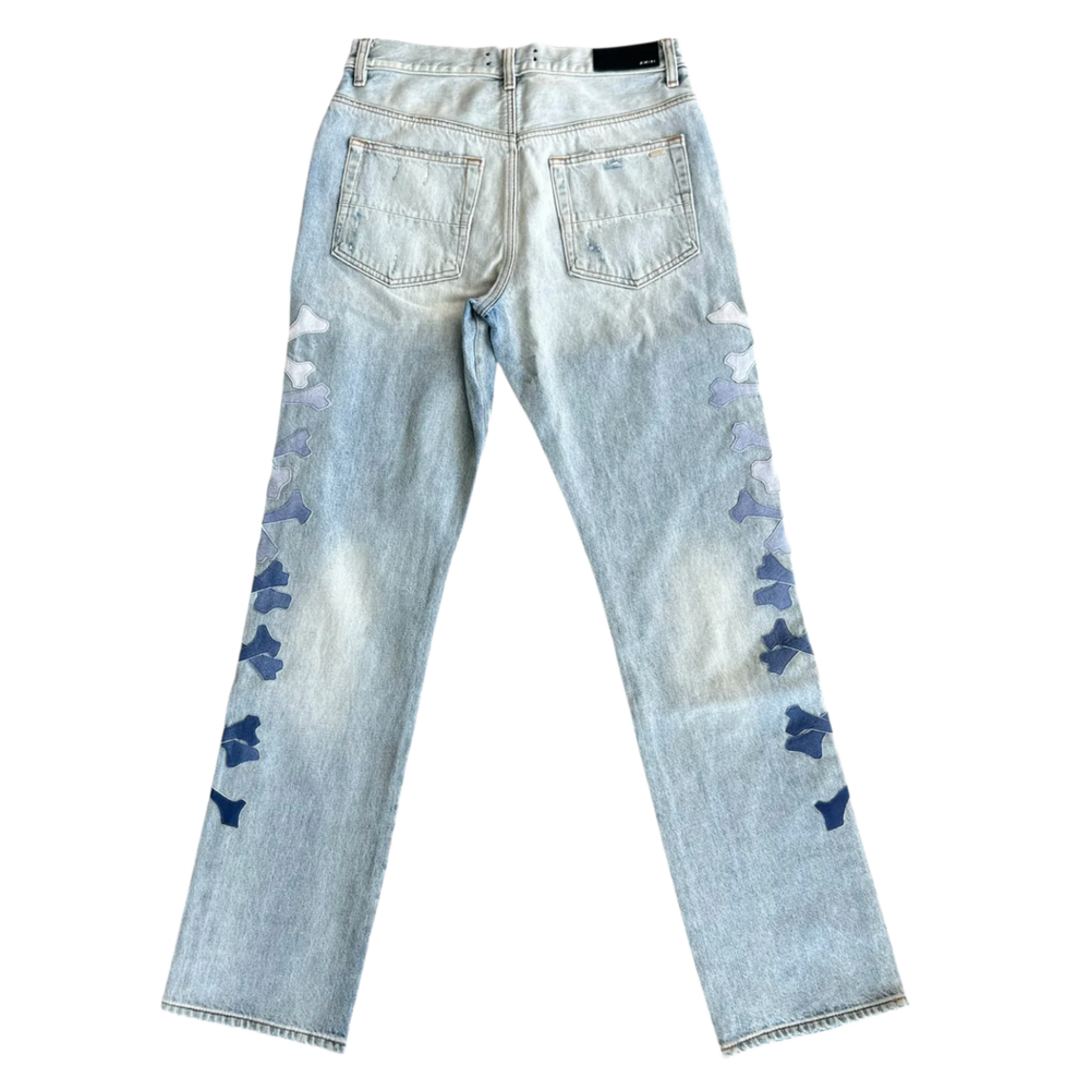 Amiri 'Blue/White' Gradient Bones Distressed Straight Jeans