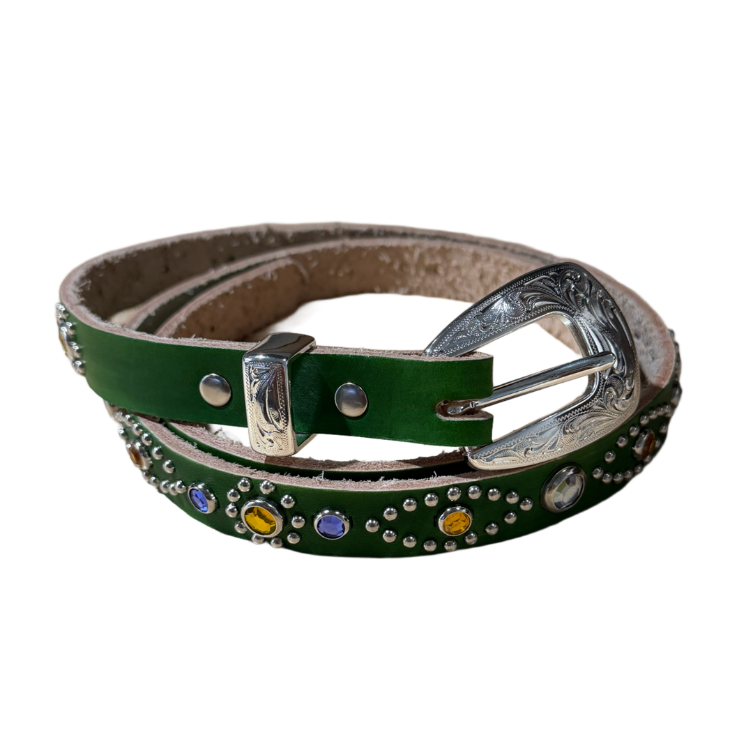 Studded 'Green & Gems' Thin Leather Belt