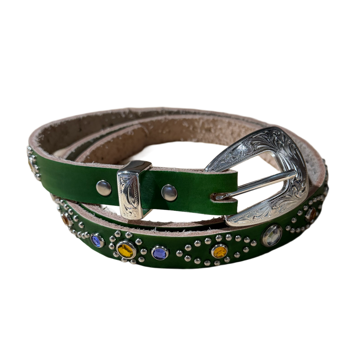 Studded 'Green & Gems' Thin Leather Belt