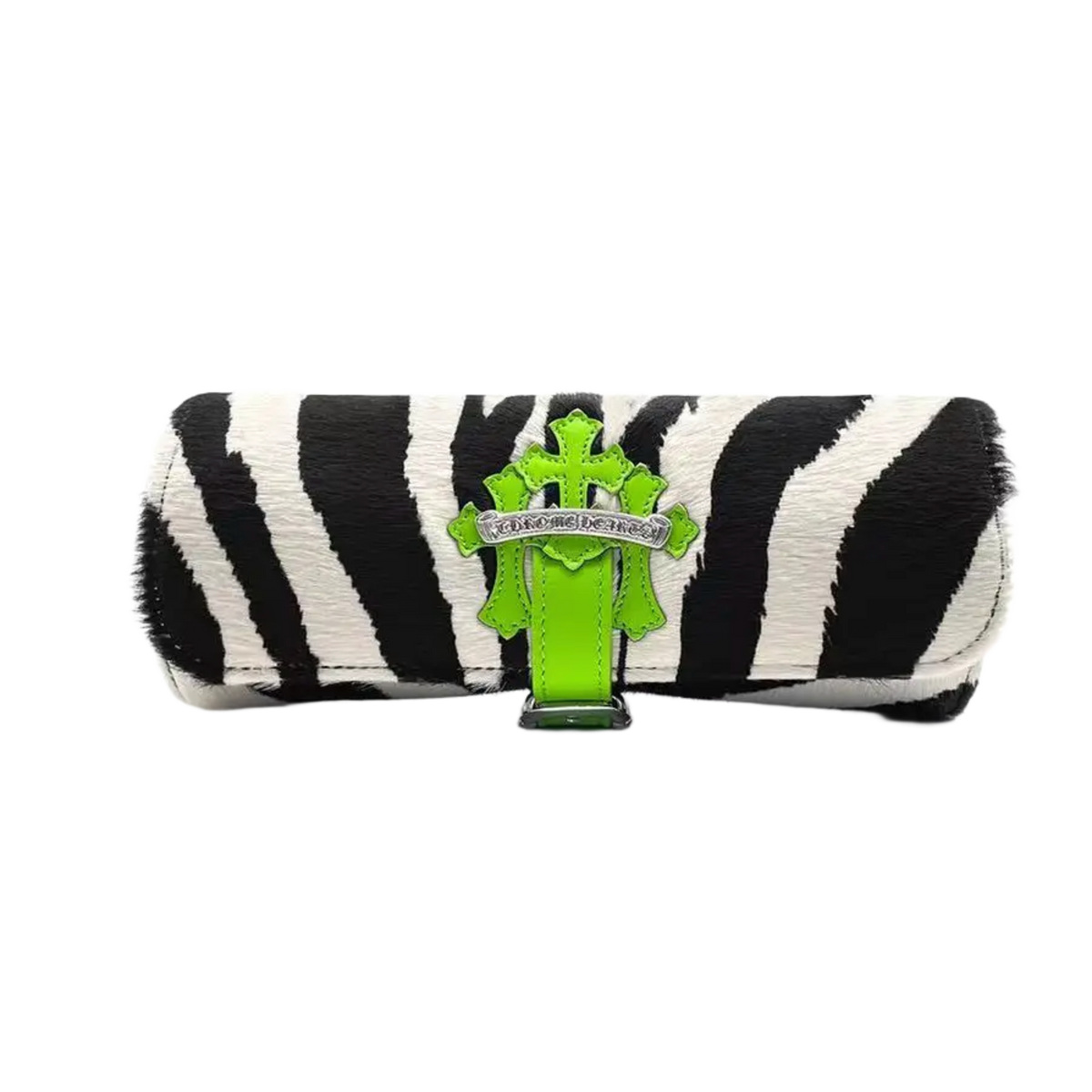Front view of the Chrome Hearts watch roll encased in exotic neon green and black zebra-striped pattern leather, featuring a cylindrical structural travel design secured by an integrated green leather strap that fastens at the center with a polished sterling silver signature floral cross snap button.