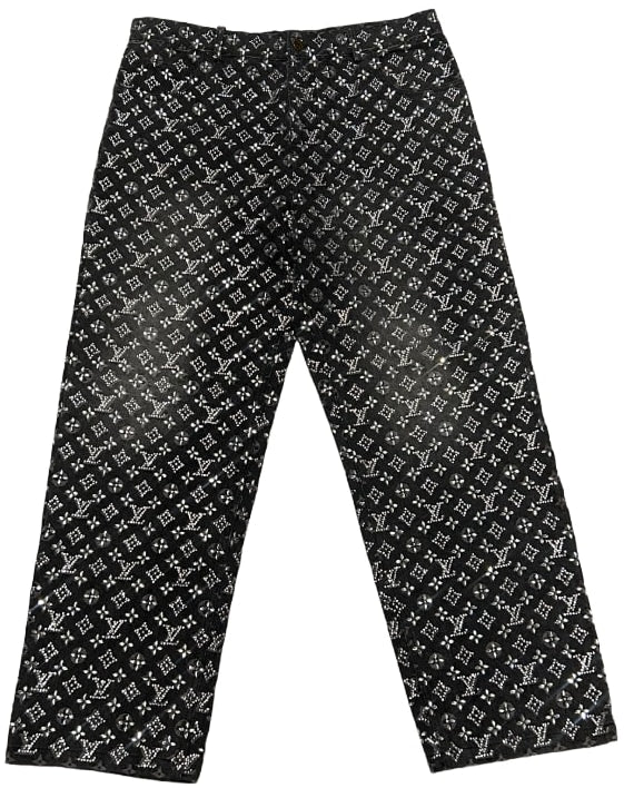 Louis Vuitton Grey Rhinestone Embellished Monogram Raw Edge Denim Jeans Runway