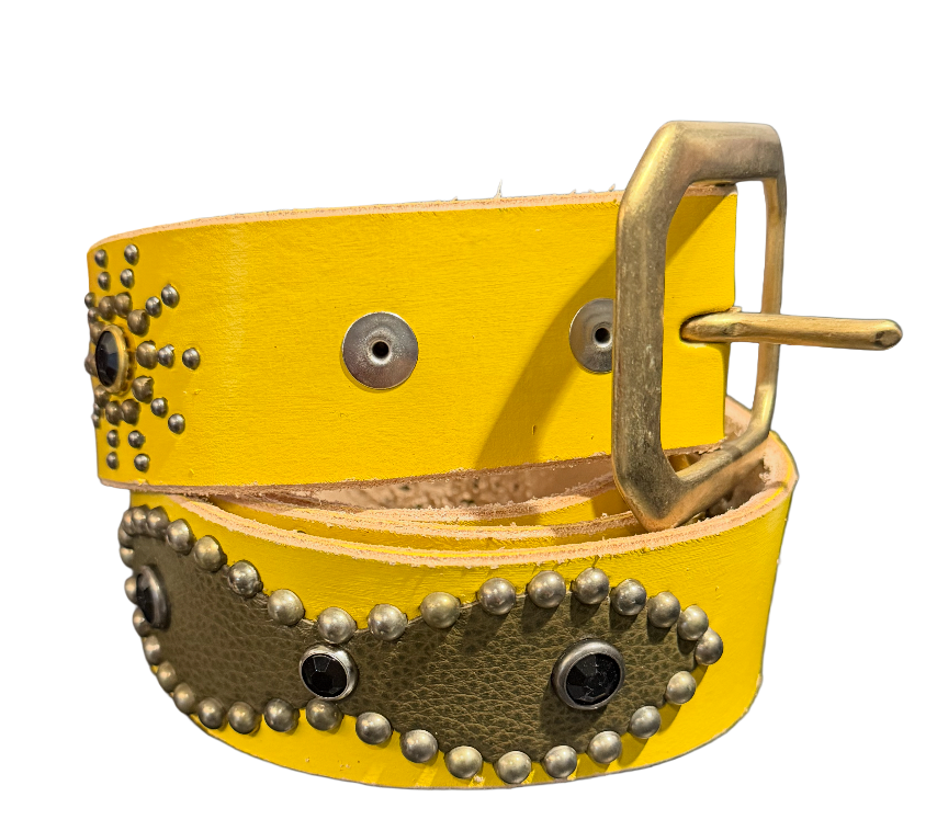 Studded 'Light Brown Leather' Sun Gem Yellow Belt